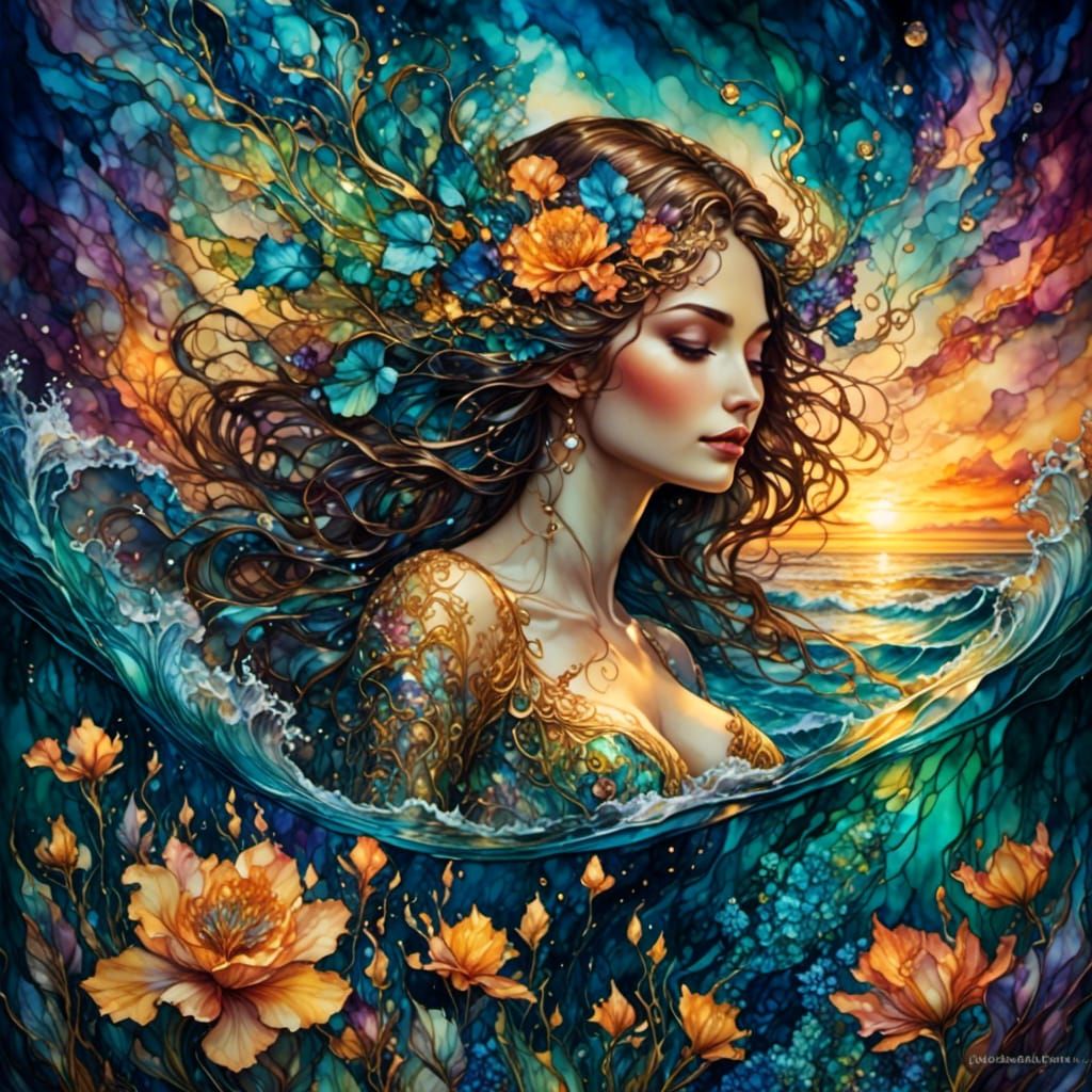 Fantasy Woman Swimming at Sunset with Ink Flowers