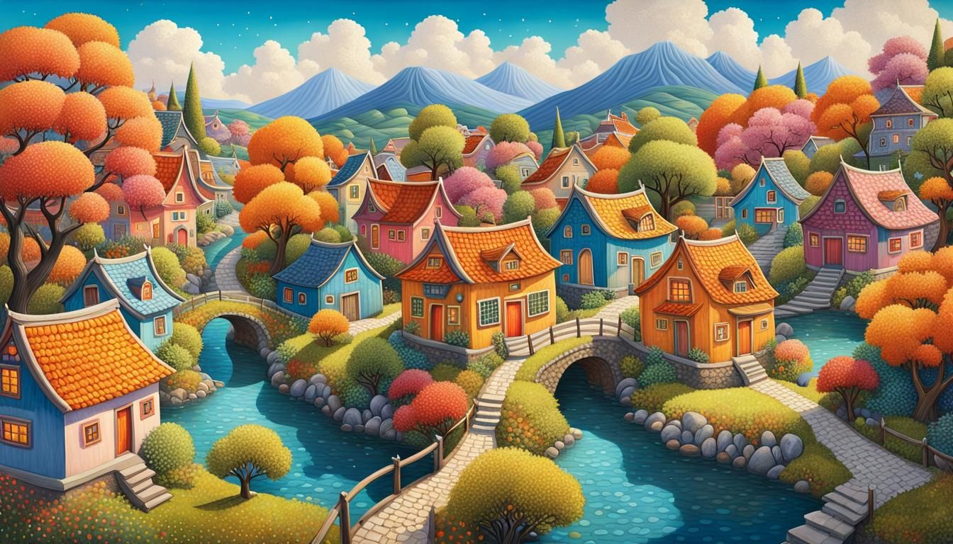Colorful Fairy Tale Village in Gouache and Ukiyo-e Style