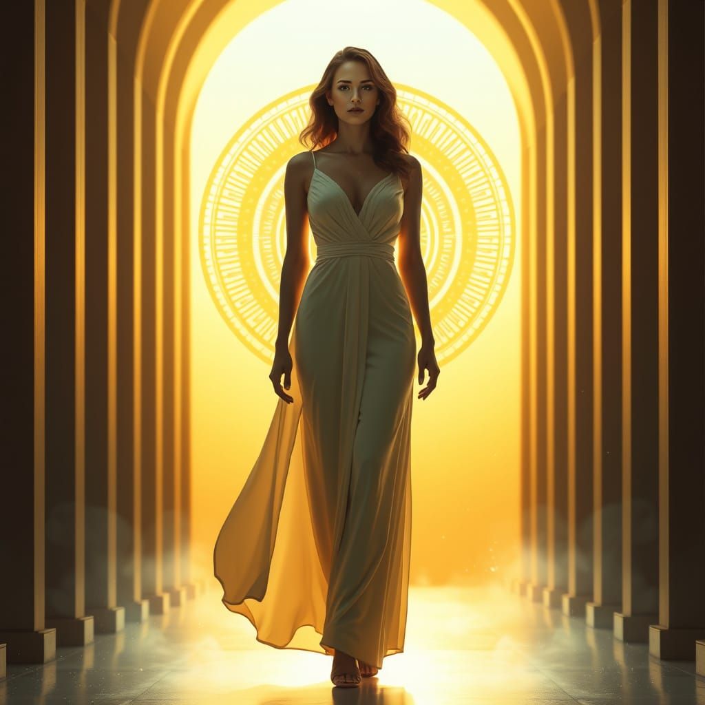 Mythic Woman in Golden Corridor with Radiant Mandala
