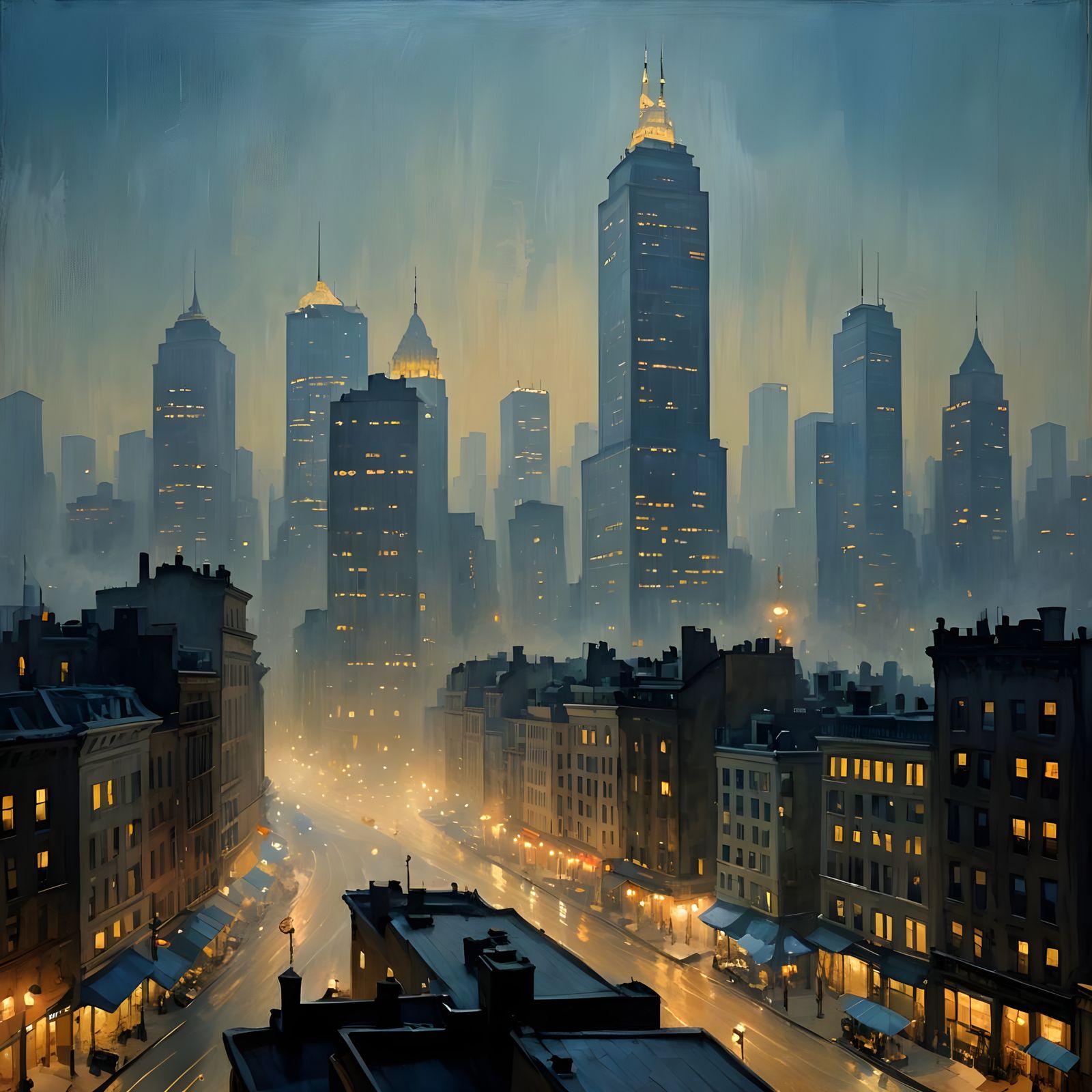 Foggy Cityscape Nocturne in Impressionist Style