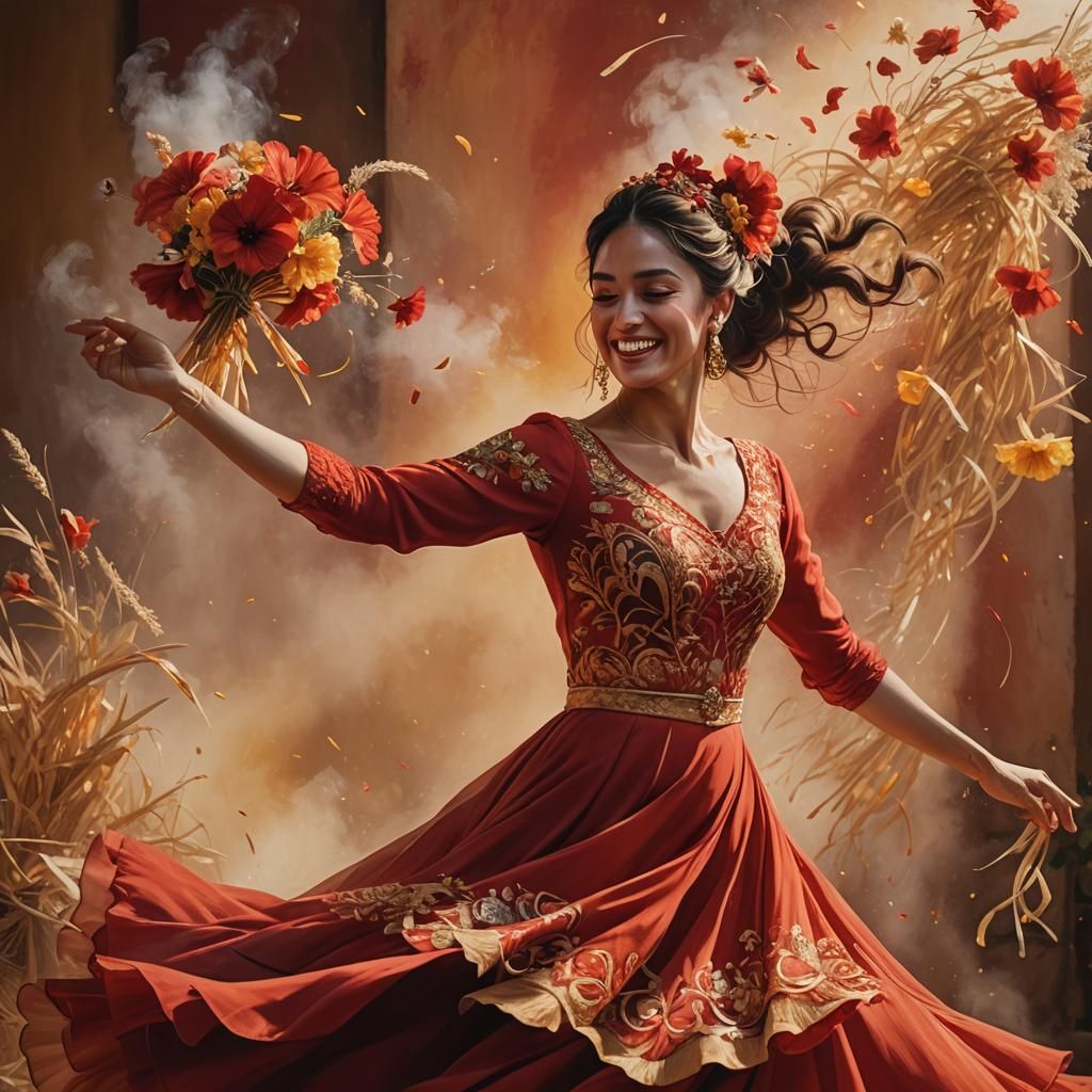 Joyful Spanish Dancer in Red Dress, Golden Hour