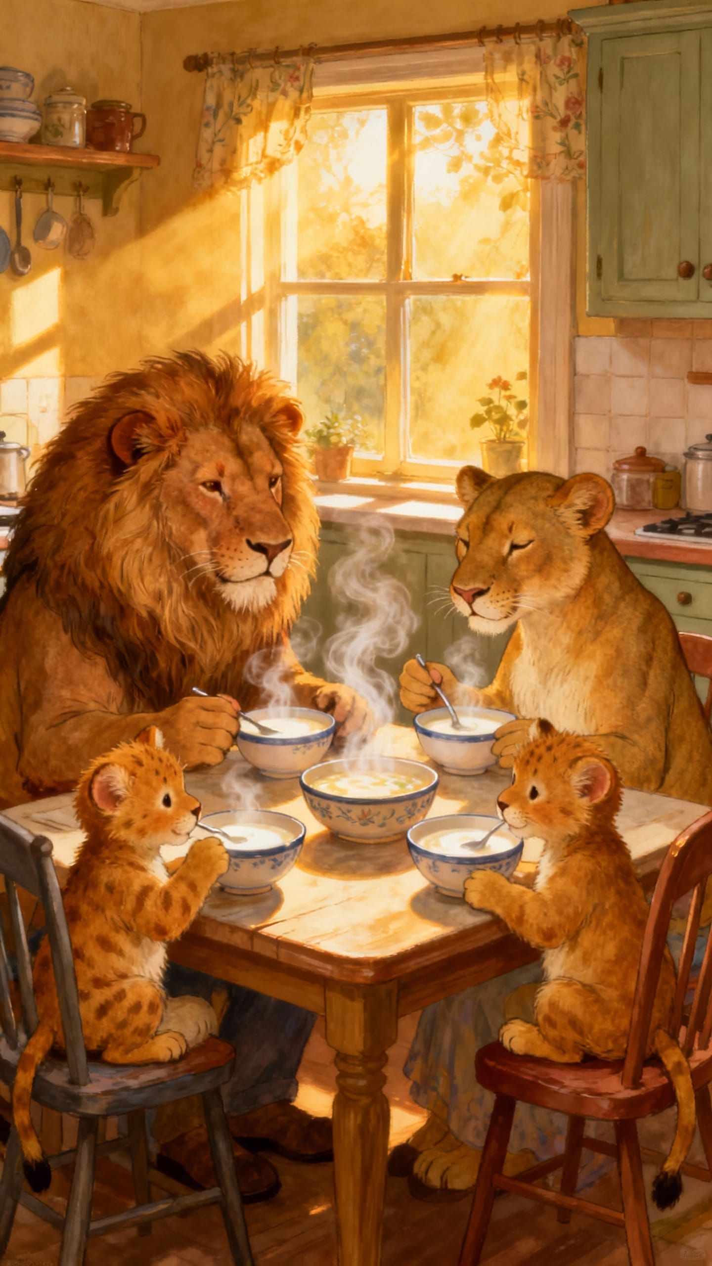 Lion Family Enjoys Breakfast in Cozy Kitchen
