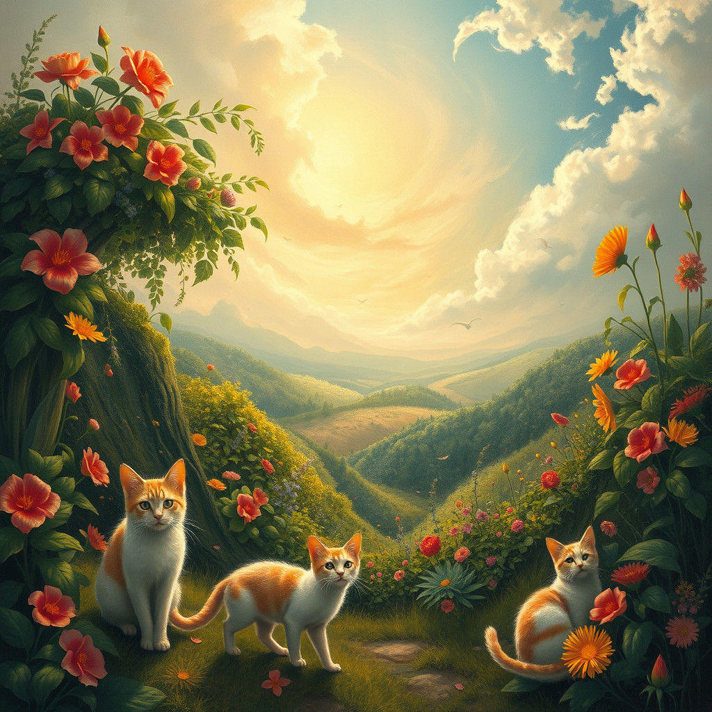 Eternal Beauty: Cats in a Surreal Landscape