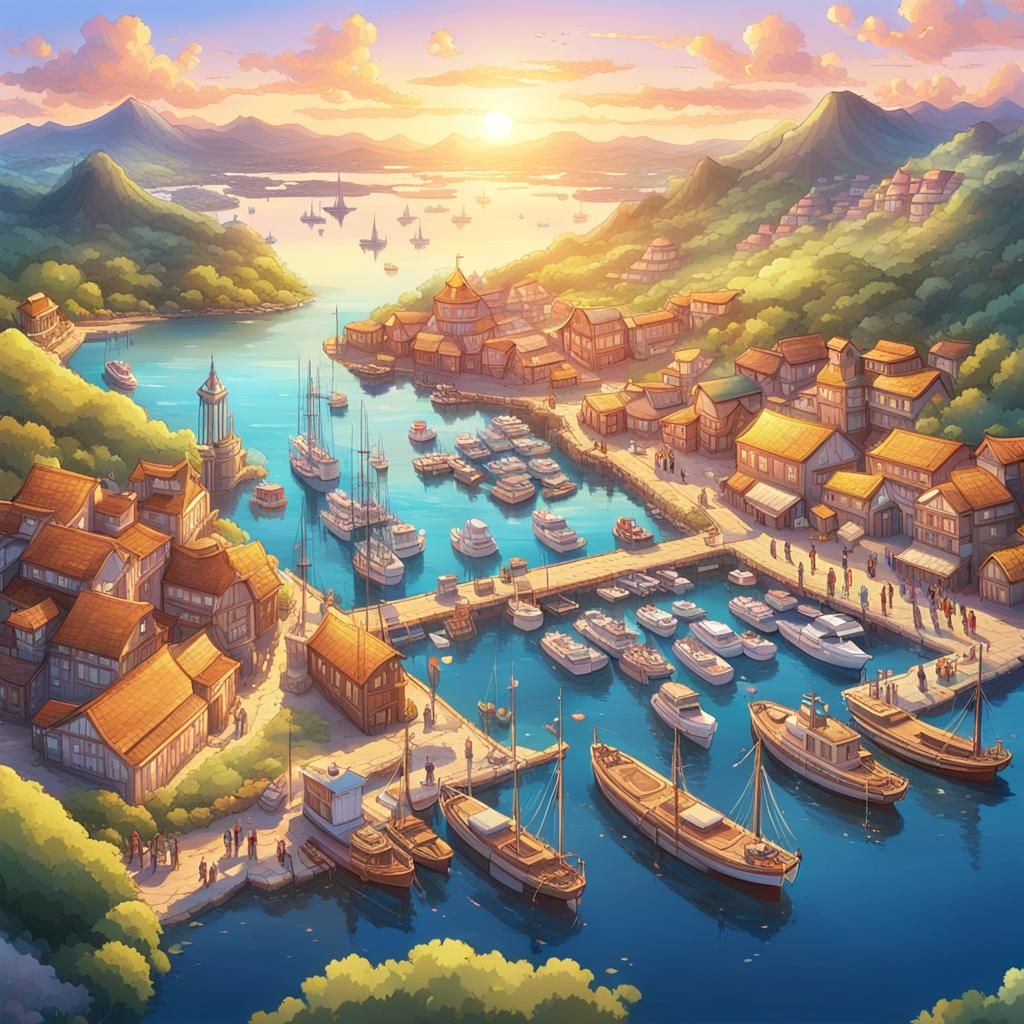 Fantasy Harbour at Golden Hour, Anime-Inspired Waterfront Sc...