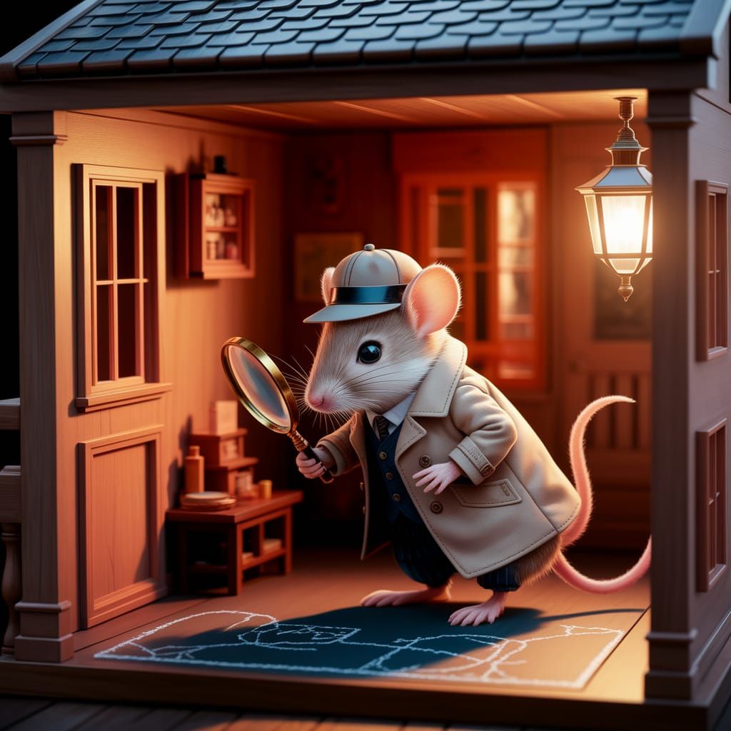 Mouse Detective Investigates Dollhouse Crime Scene
