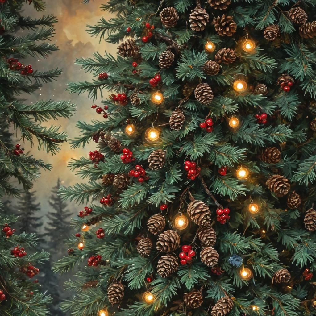 Vintage Winter Christmas Tree with Lights and Berries