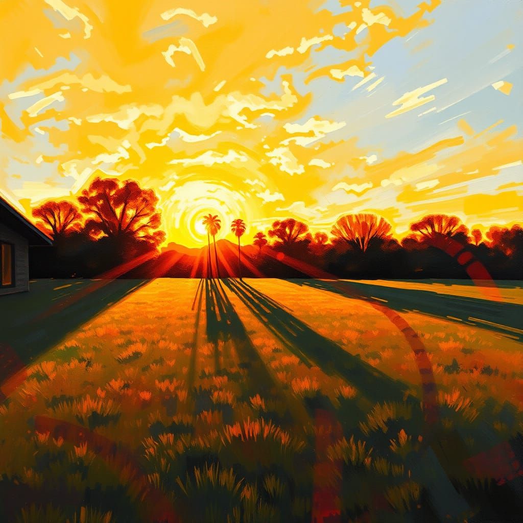 Golden Evening Glow, Impasto Gouache Landscape