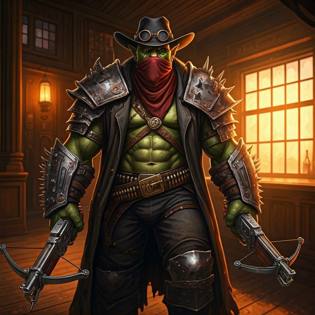 Orc Outlaw in Wild West Saloon, Frank Frazetta Style