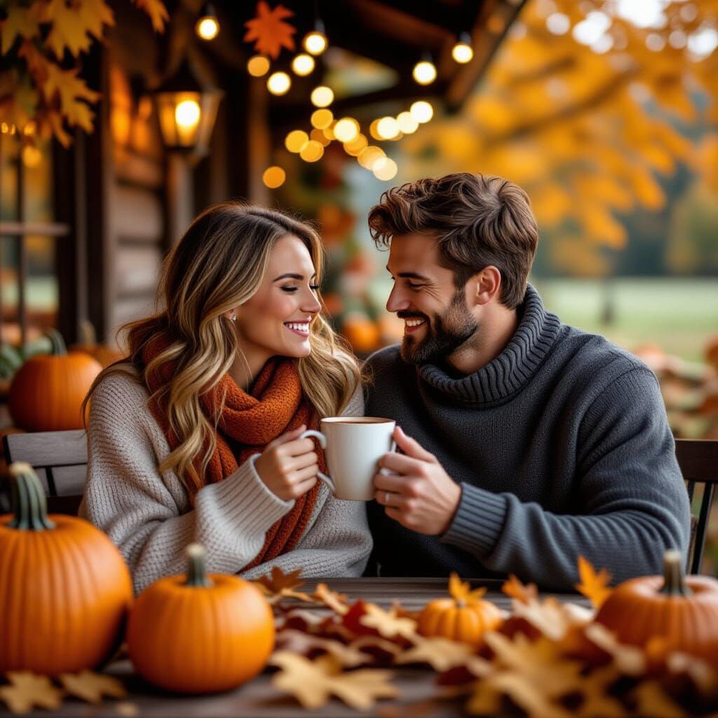 Couple Shares Cider at Autumn Cafe with Bokeh