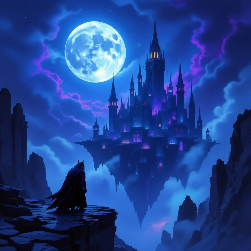 Werewolf in Floating Ancient City Under Ethereal Moonlight