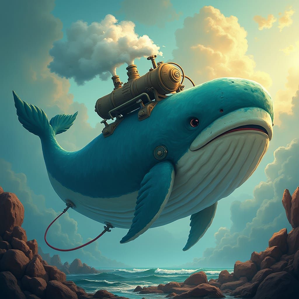 Cartoon Whale with Compressor, Fantasy Concept Art