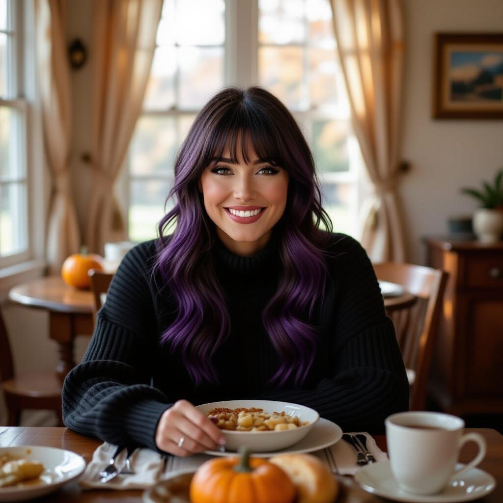 Woman Smiling at Thanksgiving Table, Cinematic Film Still