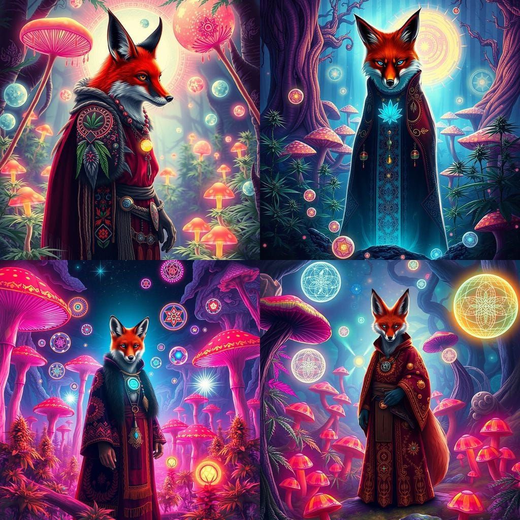 Red Fox Shaman in Neon Mushroom Forest
