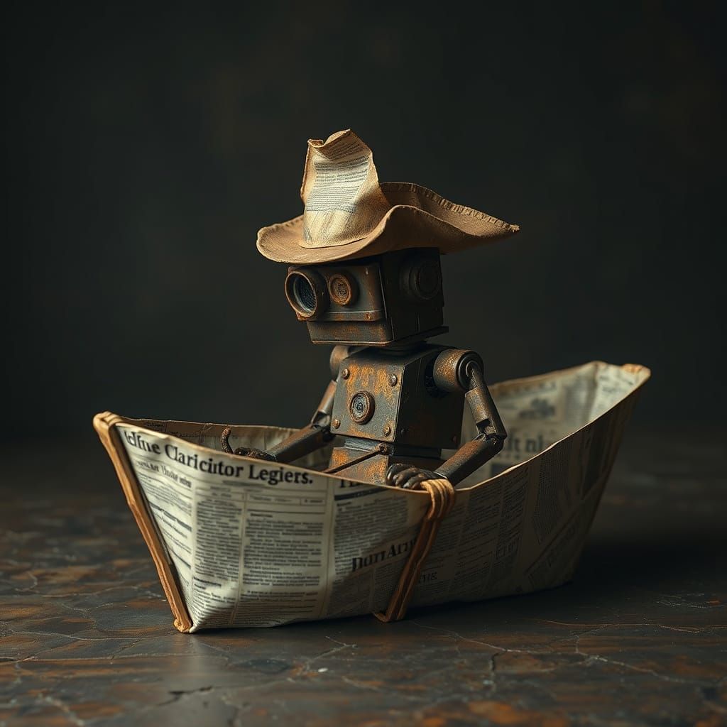 Rusty Robot in Aged Newspaper Boat