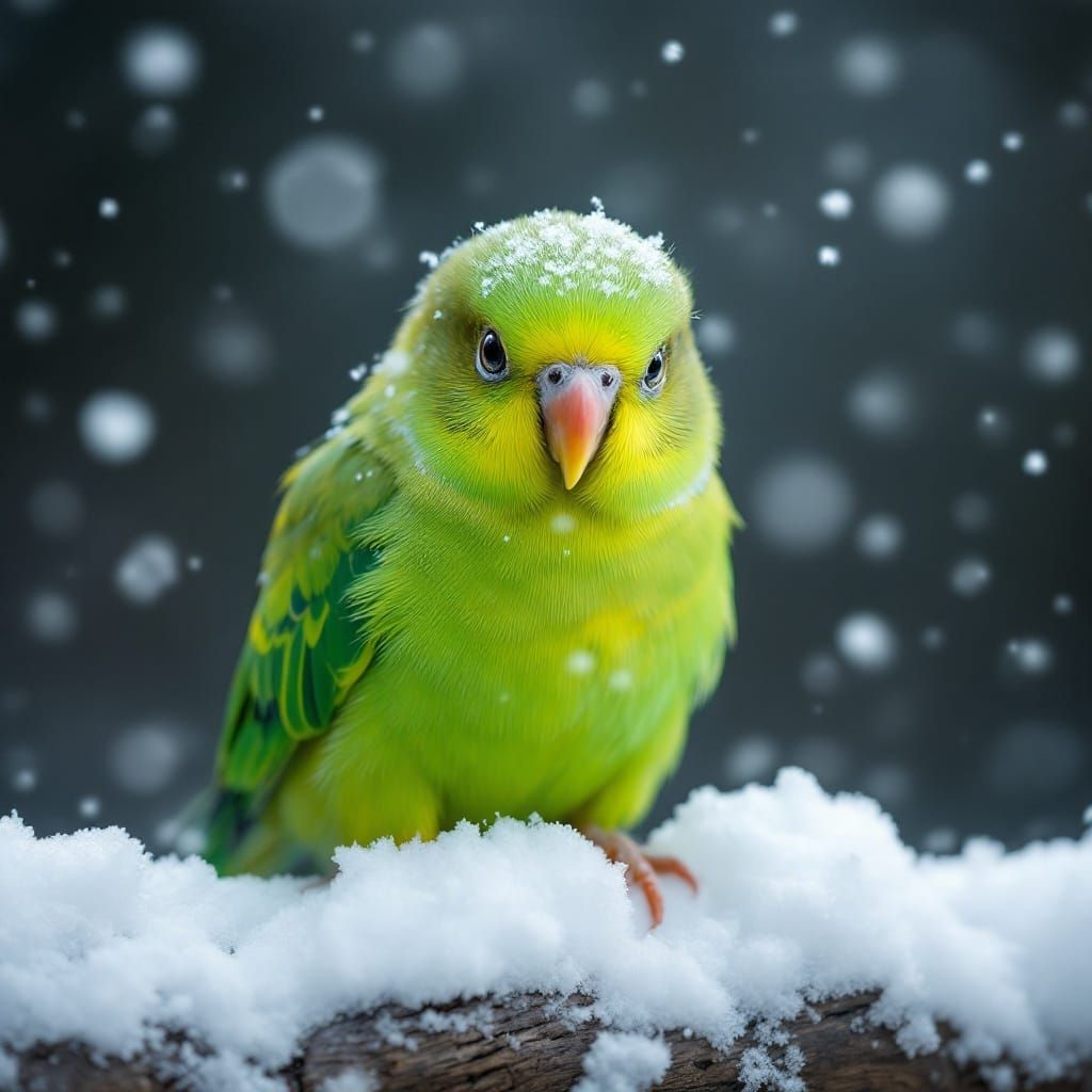 Vibrant Green Parrot Stares into the Camera Amidst a Snowy W...