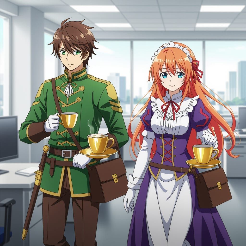 A male secretary and female secretary dressed in medieval he...