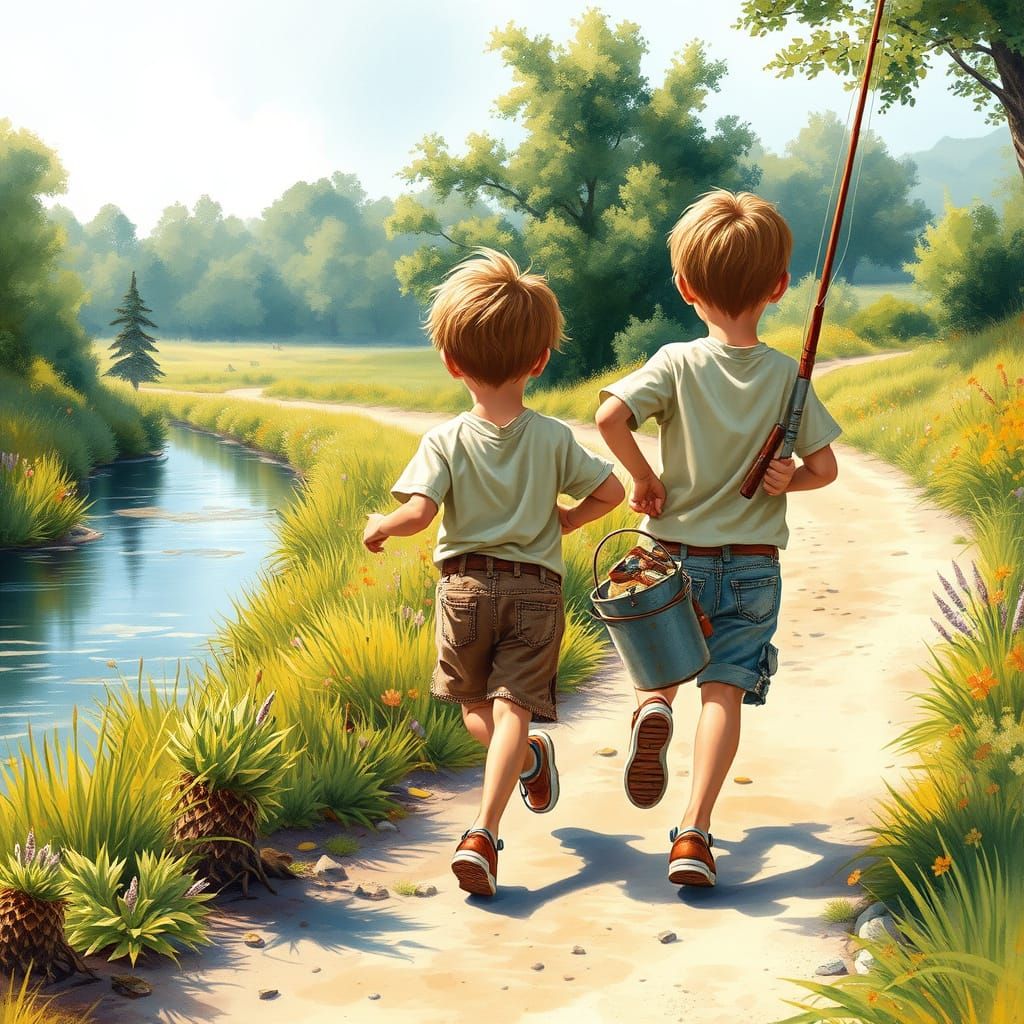 Two Boys Skip Down a Winding Creek Path, Ready to Go Fishing