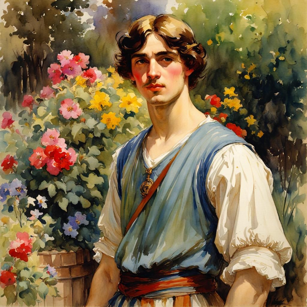 Medieval Man in Garden, Watercolor Art Deco Style