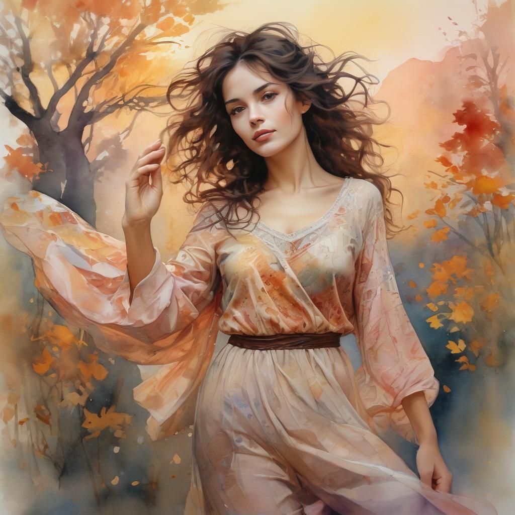 Dreamy Brunette Dancing in Autumn Sunset: Klimt-Inspired