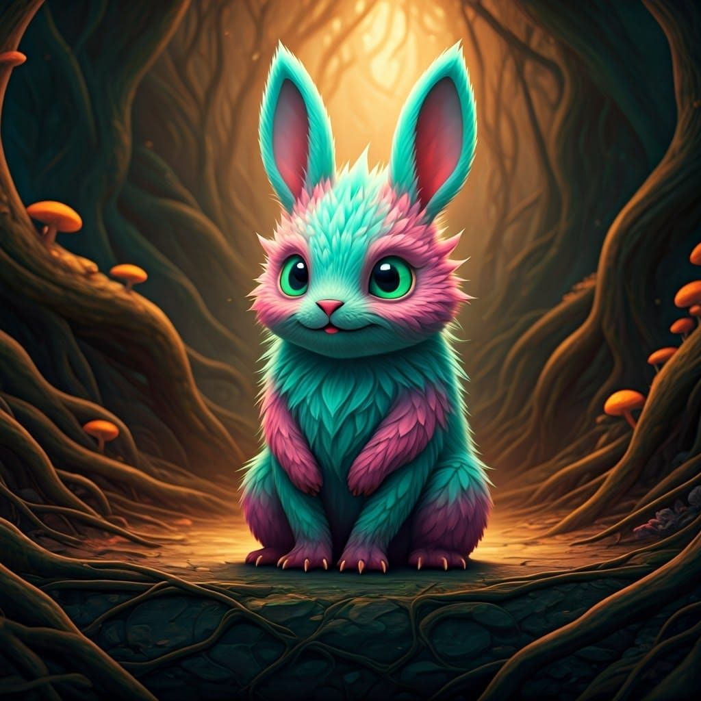 Whimsical Dragon-Rabbit Creature in Fantasy Landscape