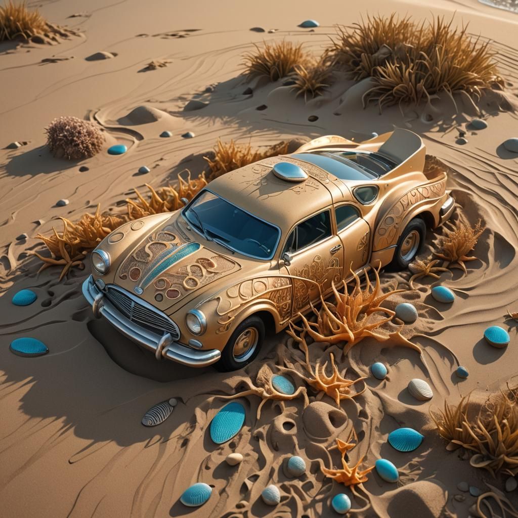 Sand Automobile Sculpture with Fish Motifs