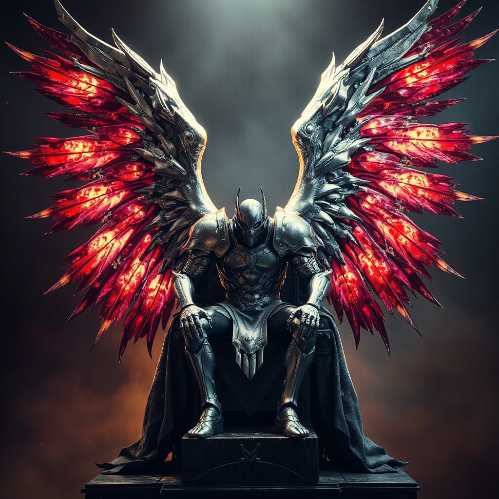 Silver Armored Fallen Angel on Throne in Dark Fantasy Style