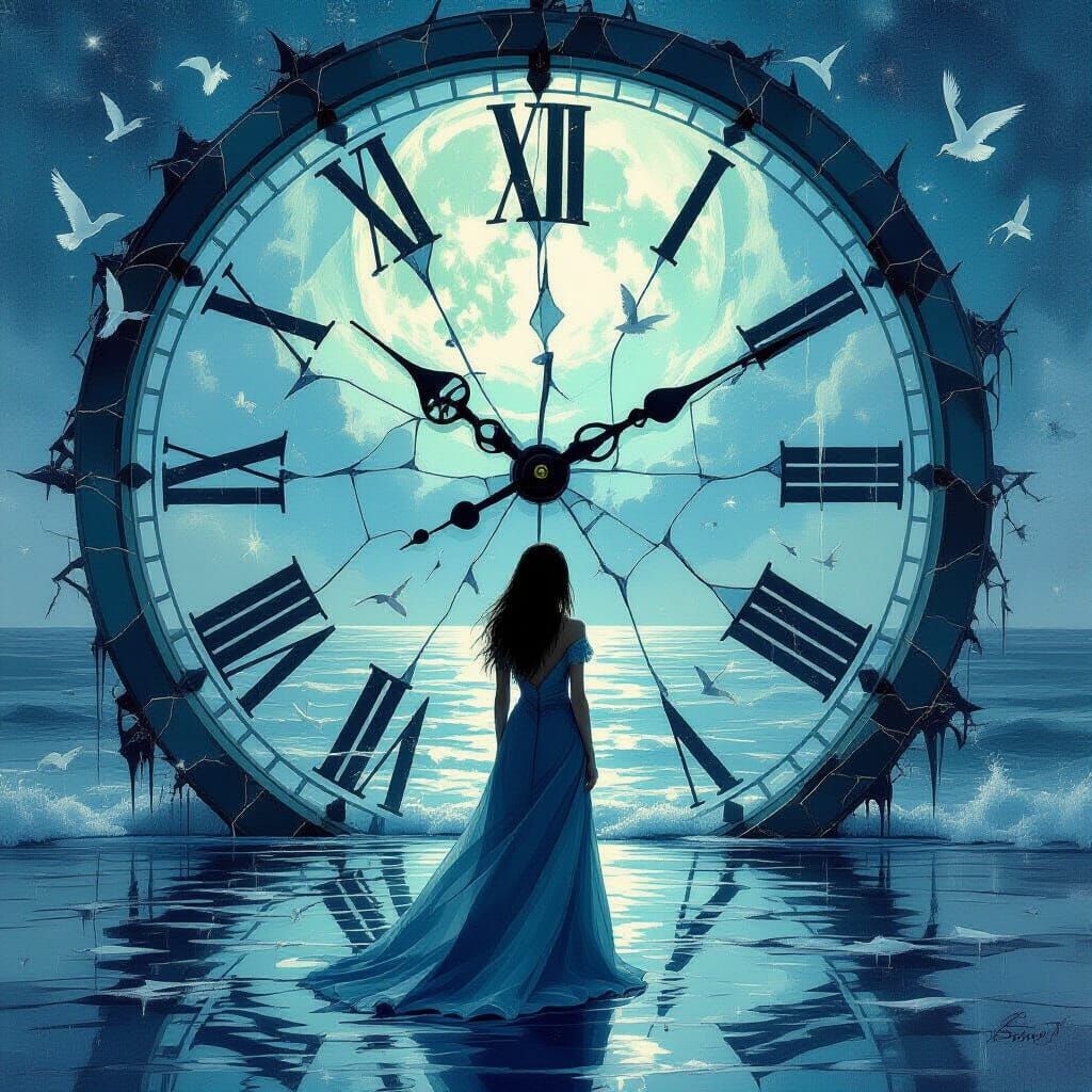 Melancholic Woman Amidst Shattered Time Oil Painting