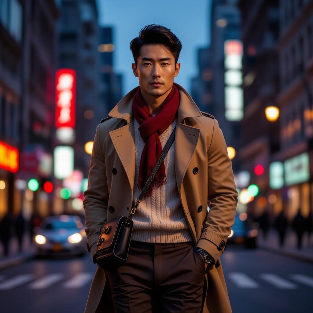 East Asian Man in Glowing City Street, Hyperrealistic Portra...