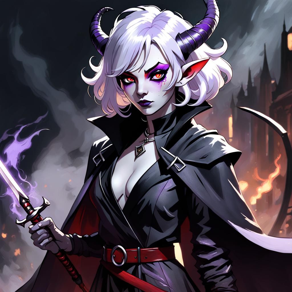 Violet Tiefling with Katana in Gothic Fantasy Style