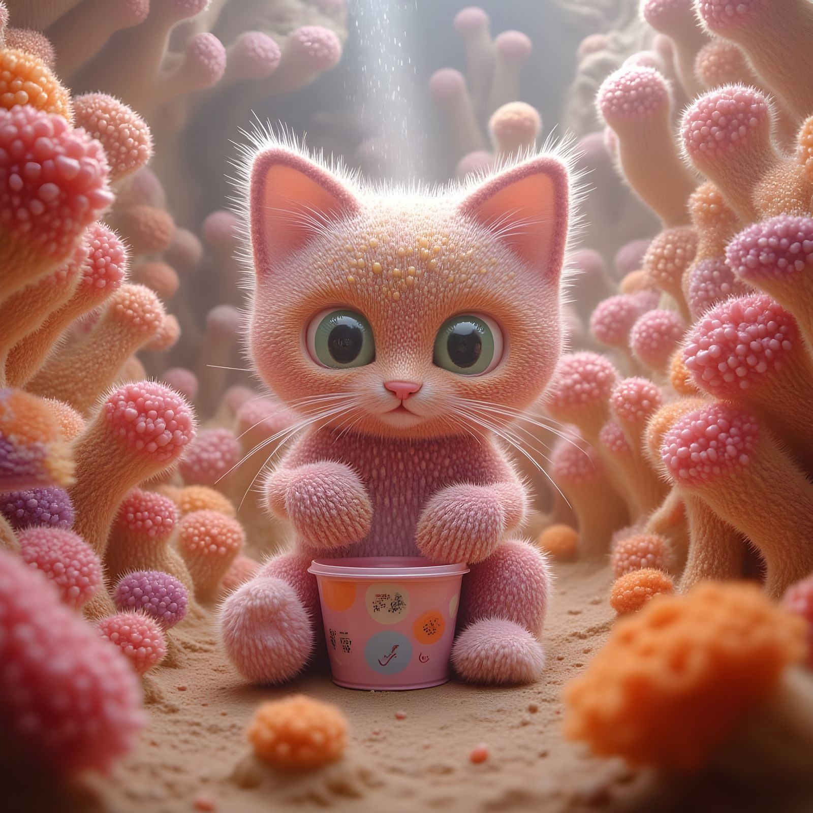 Dancing Kittens in Surreal Pink and Orange Hues