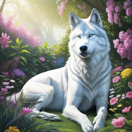 Great White Wolf in Lush Flower Garden
