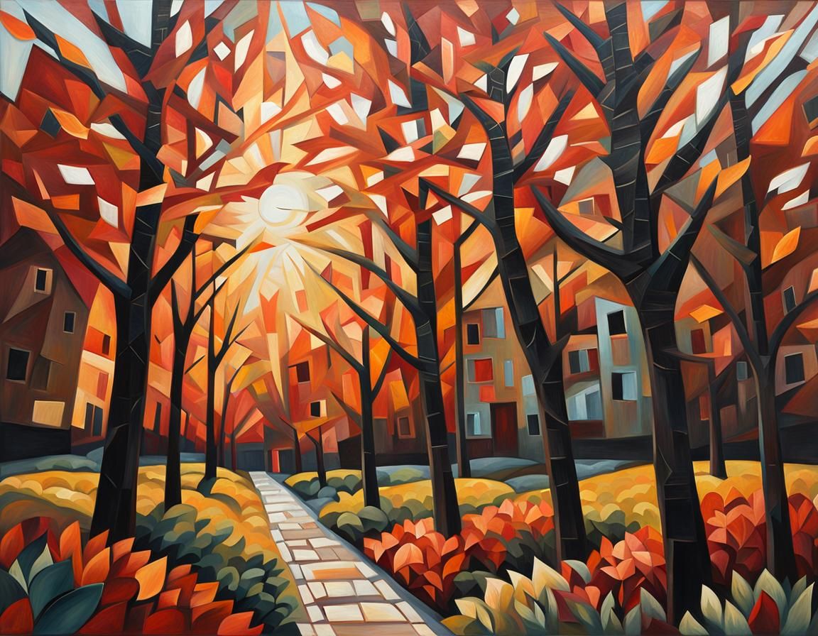 Cubist Garden Scene with Sunbeams, Acrylic Painting