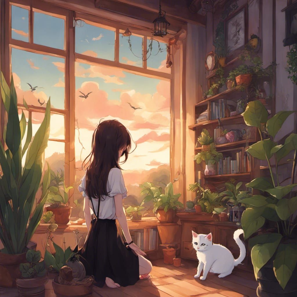 Kawaii Witch Girl with Kitten at Sunset