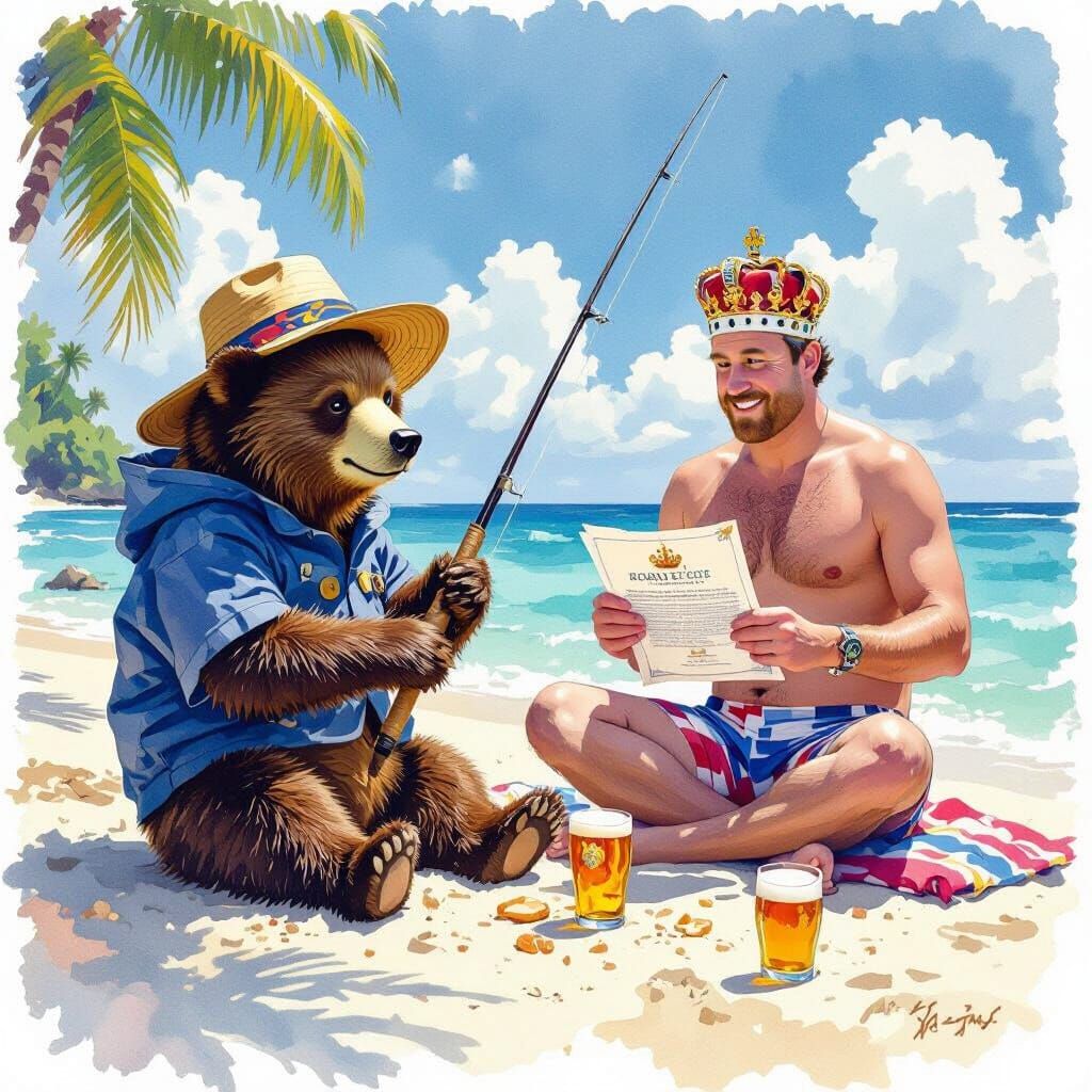 Paddington Bear and King Charles on Tropical Island, Waterco...