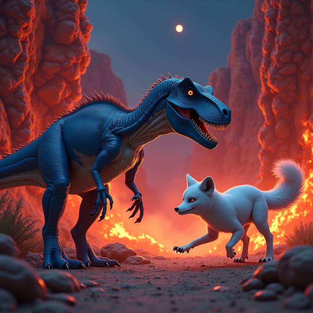 Velociraptor vs Fox in Fiery Desert Landscape