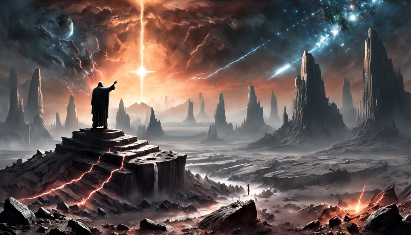 Apocalyptic Stone Figures Under Fading Star