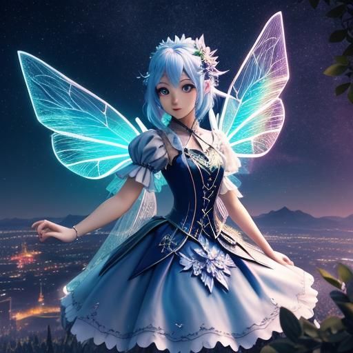 Glowing One-Winged Fairy Searches at Night in Anime Style