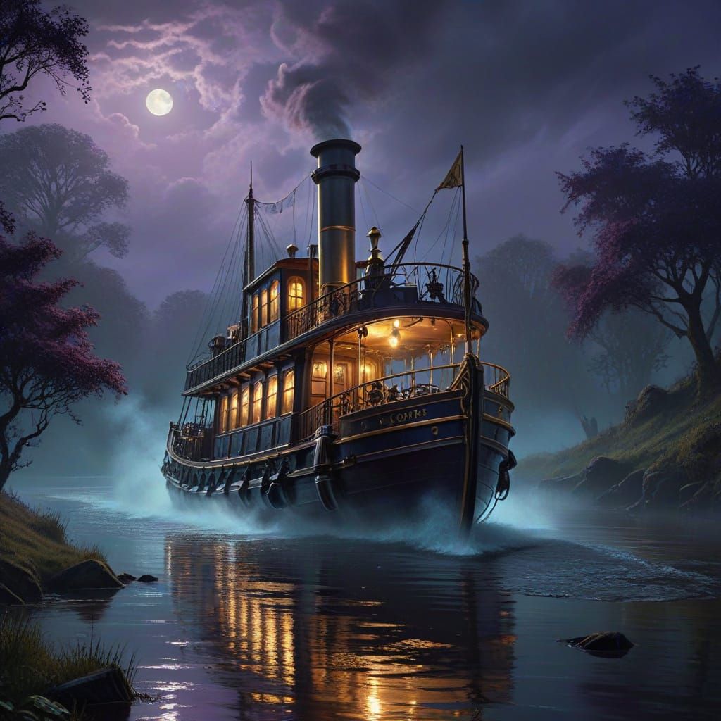 Steampunk River Queen in Moonlit Mist