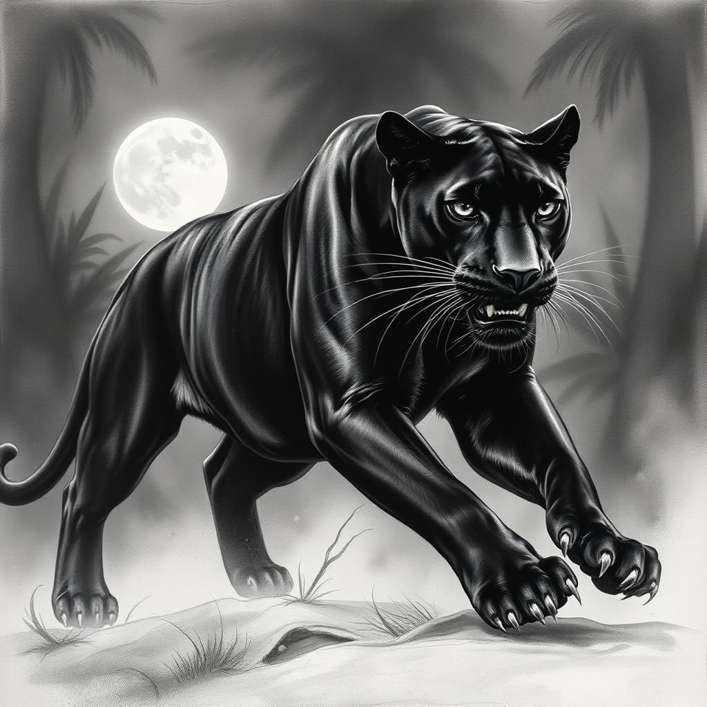 Hyperdetailed Black Panther in Moonlit Jungle