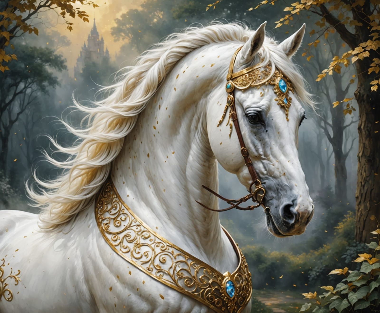 Stunning White Arabian Stallion with Ethereal Gold Accents i...