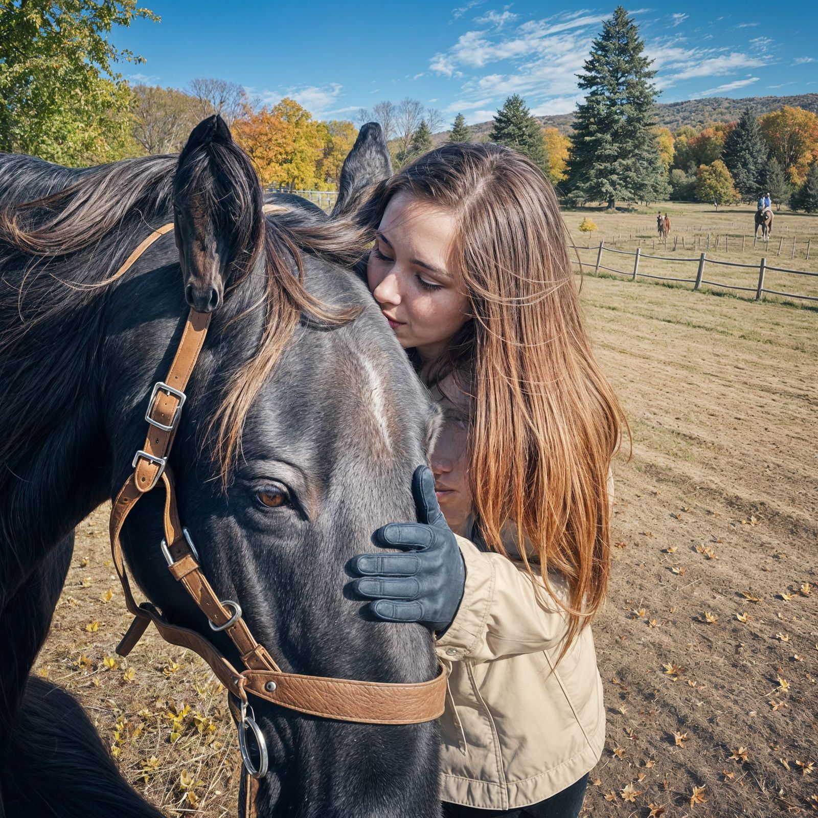 Gentle Moment Between Woman and Horse in Autumn Setting