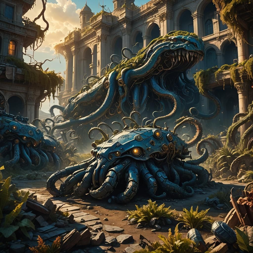 Biomechanical Tanks with Tentacle Cannons in Fantasy Landsca...