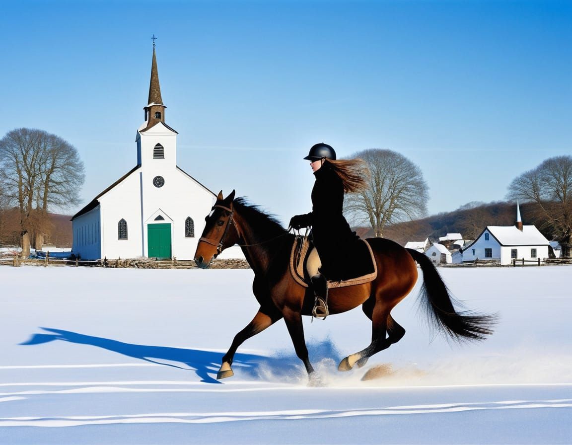 Young Girl Riding Horse Across Snowy Winter Landscape