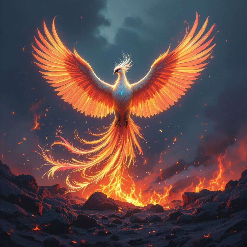 Phoenix Rises from Volcanic Eruption in Iridescent Colors