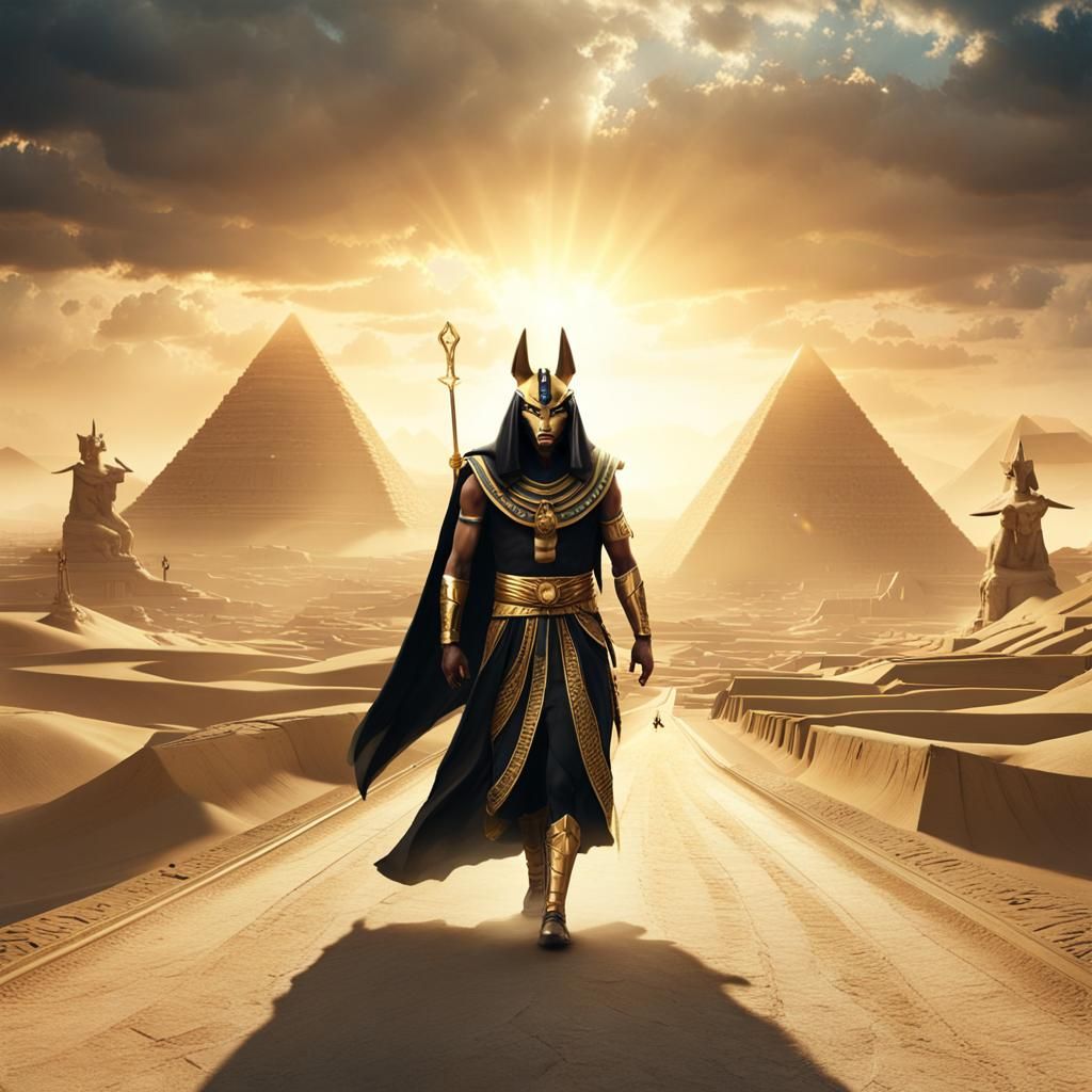 Anubis Figure Amidst White Pyramids