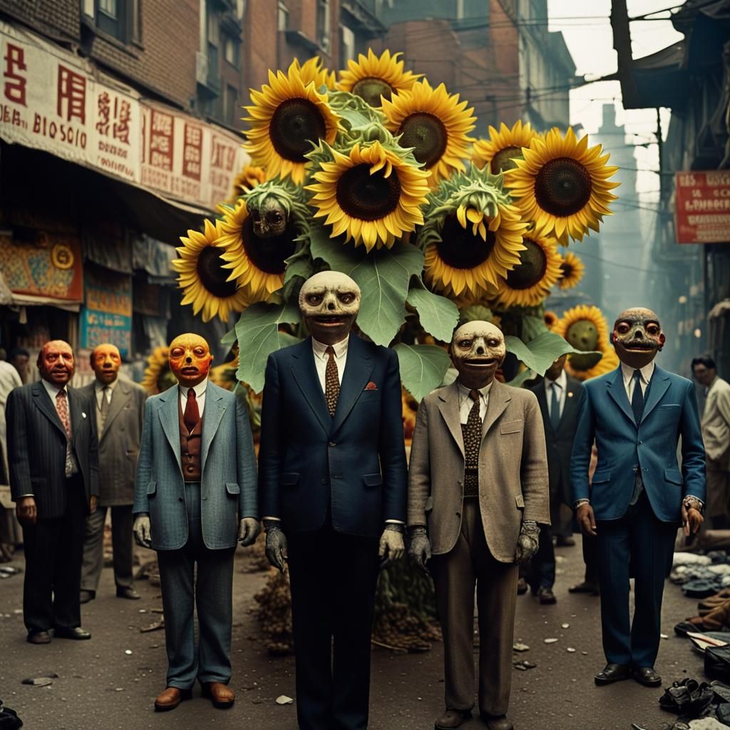 Surreal Sunflower Businessmen Visit Flesh Market