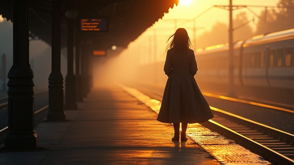 Elegant Train Station Farewell in Cinematic Golden Hour