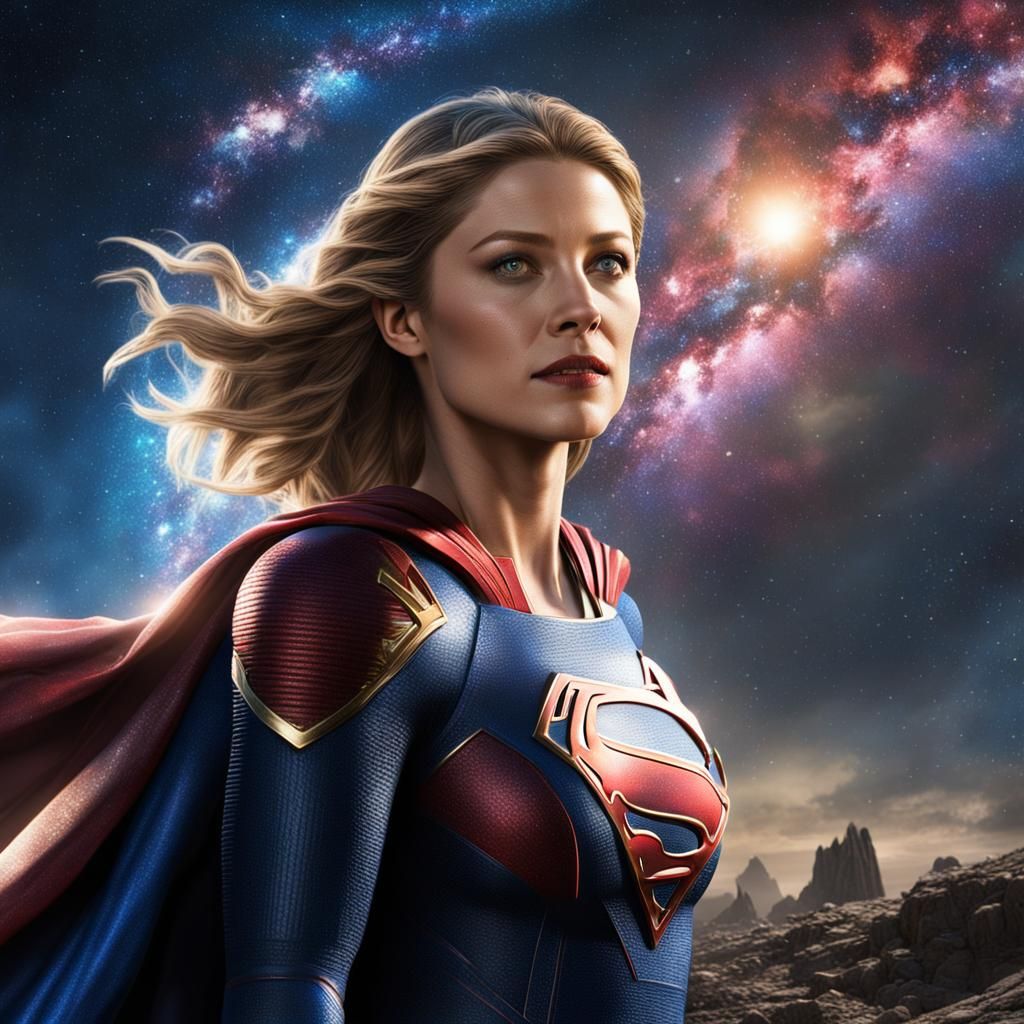 Supergirl Soaring Through a Cosmic Sky