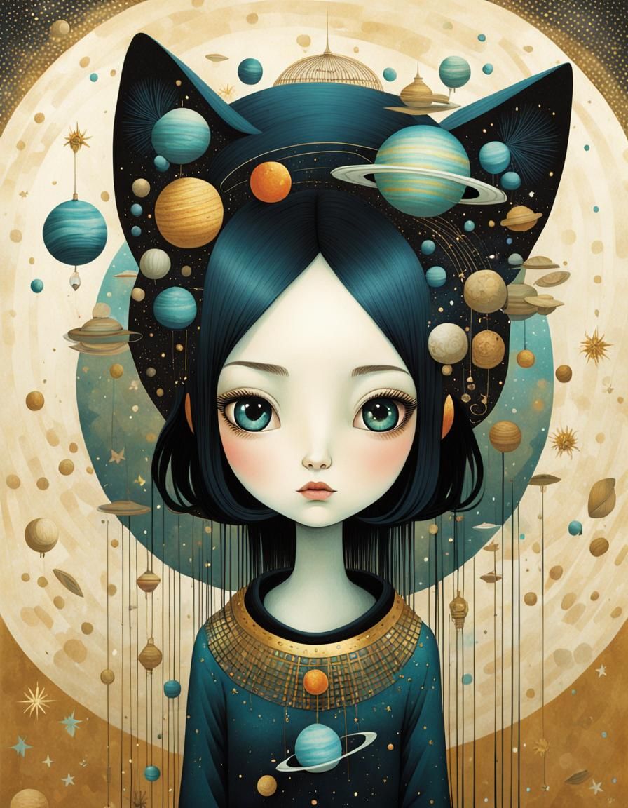 Girl in Space in Contemporary Illustration Style