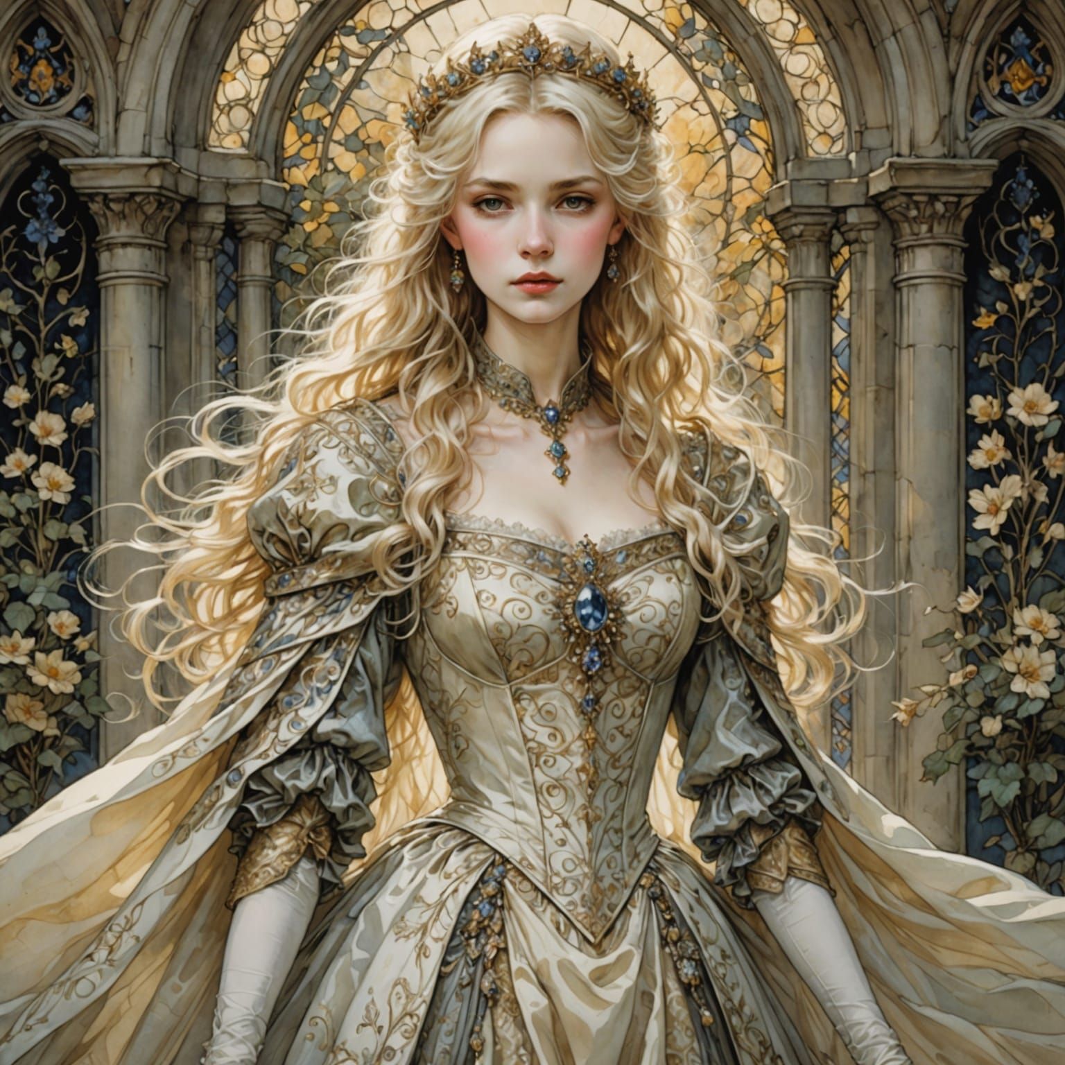 Fairytale Queen in Pale Gold Gown